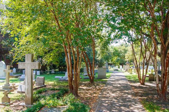 Pfad durch einen ruhigen Friedhof mit Grabsteinen und Bäumen unter klarem Himmel.