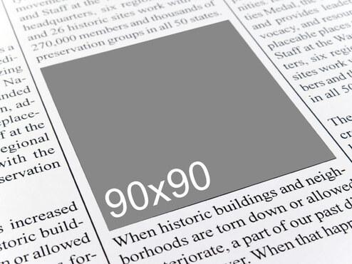 Grafik eines Zeitungsartikels mit grauem Platzhalter für ein Bild, beschriftet mit „90x90“.